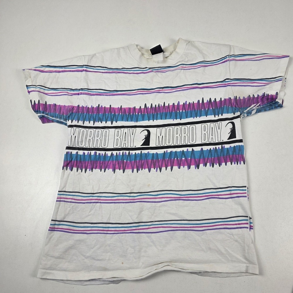 Vintage Morro Bay Shirt Mens Large White Surf Stripe Beach Graphic Tee